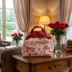Bolso floral con aplicaciones artesanales en tonos rojos